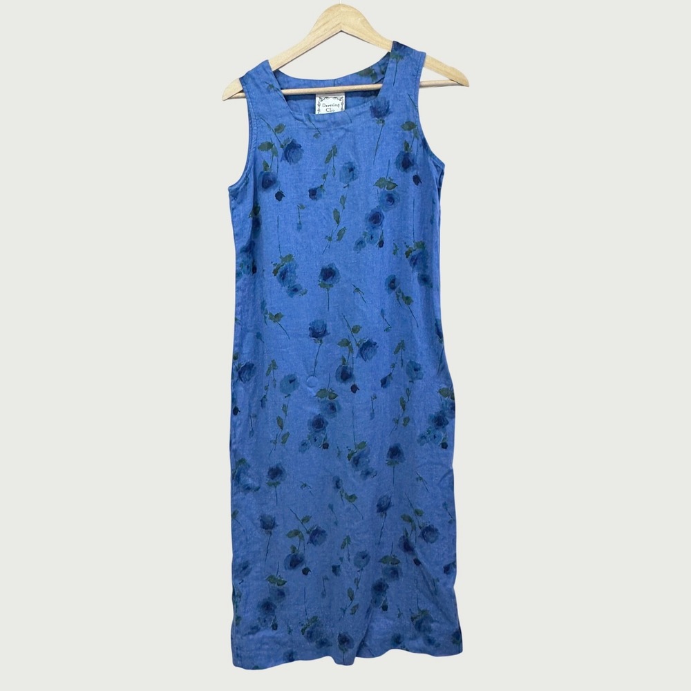 Dressing Clio Petites Dress Blue Floral Linen Midi Sleeveless Cottagecore 5945